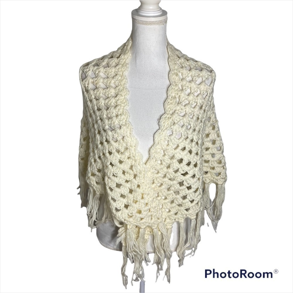 Vintage Ivory Yarn Knit Shawl Poncho Sweater One Size Fits Most